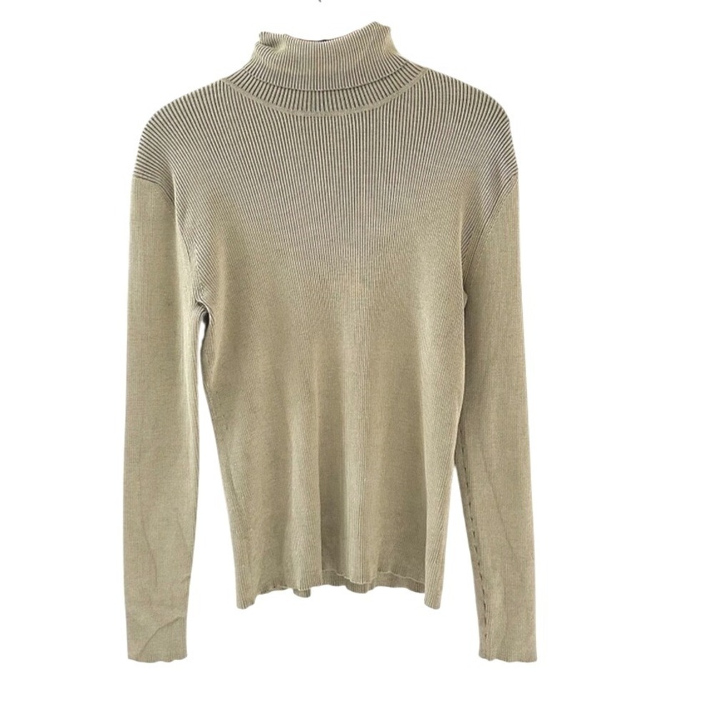Go Silk Turtleneck Sweater Sage Green Ribbed Knit Medium